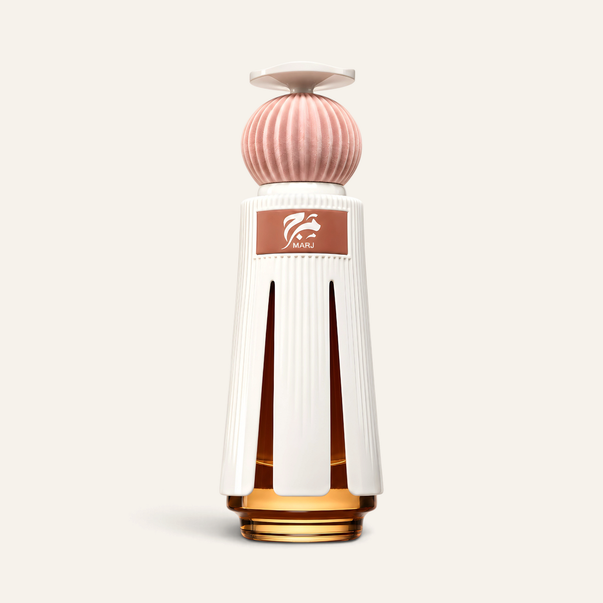 Flacone di profumo NOOR Arabian Essence Marj con design elegante, tappo rosa testurizzato e base in vetro ambrato.
