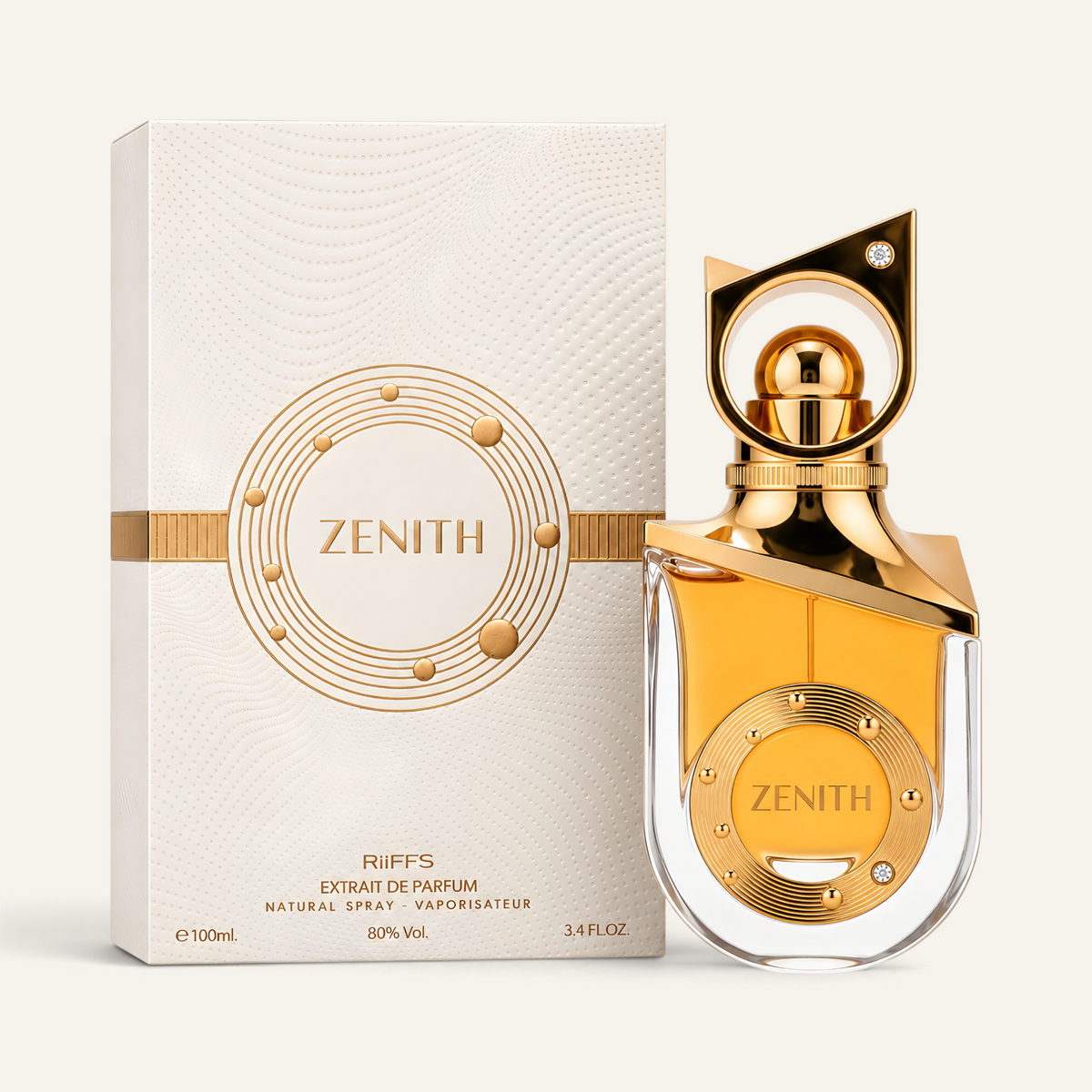 Profumo unisex Zenith di Riiffs, fragranza orientale gourmand con flacone dorato elegante, selezionato da NOOR Arabian Essence