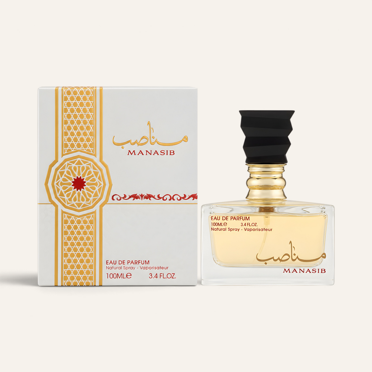 Profumo unisex Manasib di NOOR Arabian Essence con flacone in vetro, tappo nero geometrico e scatola decorata
