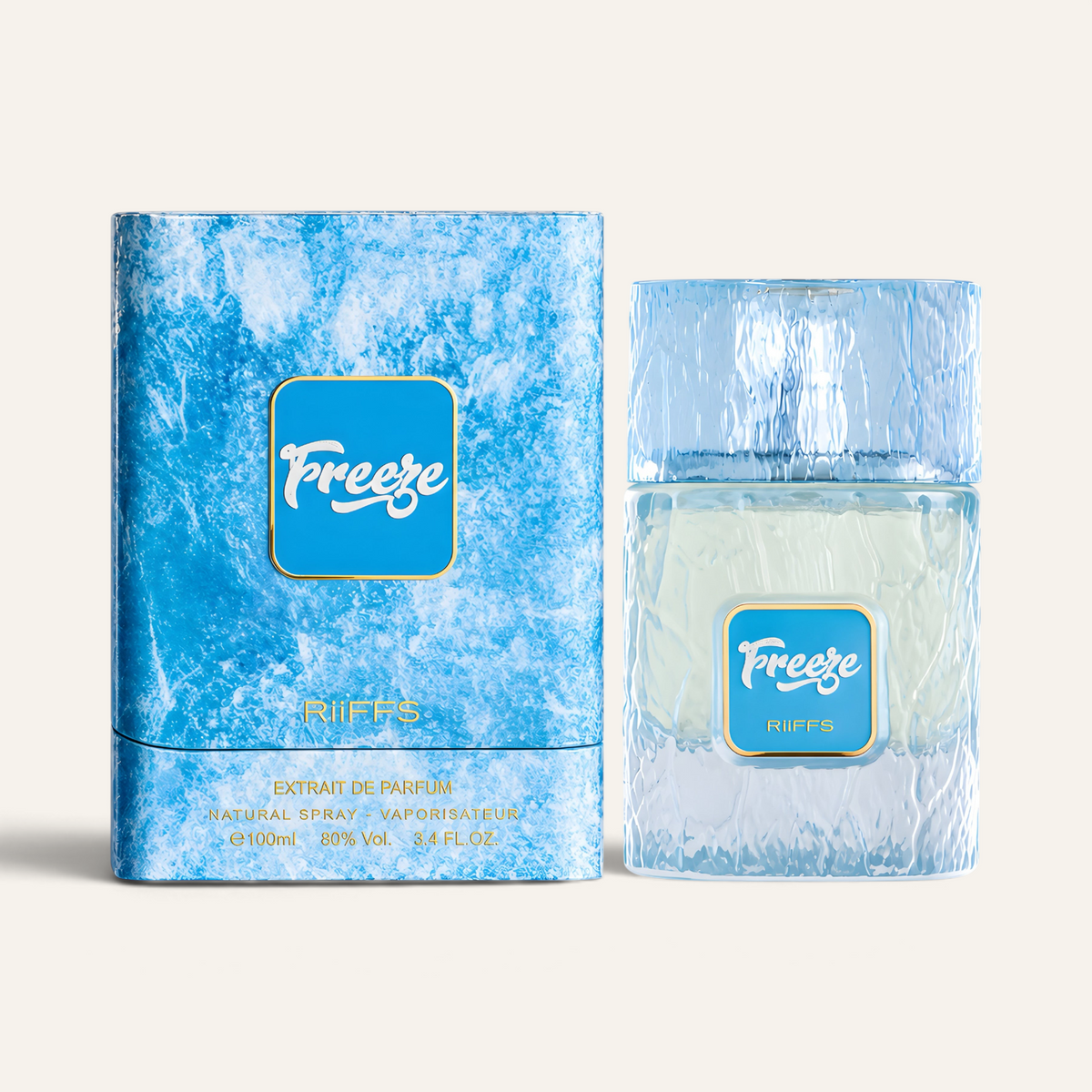 Profumo unisex Freeze di Riiffs, fragranza floreale-fruttata con flacone azzurro ghiaccio, selezionato da NOOR Arabian Essence