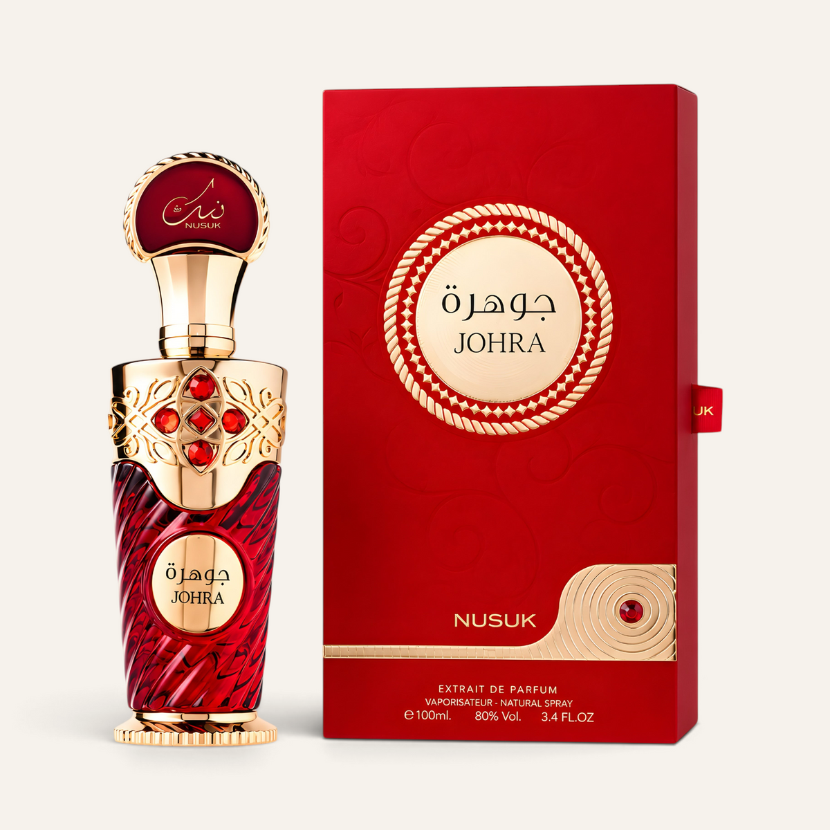 Profumo femminile Johra di NOOR Arabian Essence in flacone rosso e oro con dettagli gioiello e scatola coordinata
