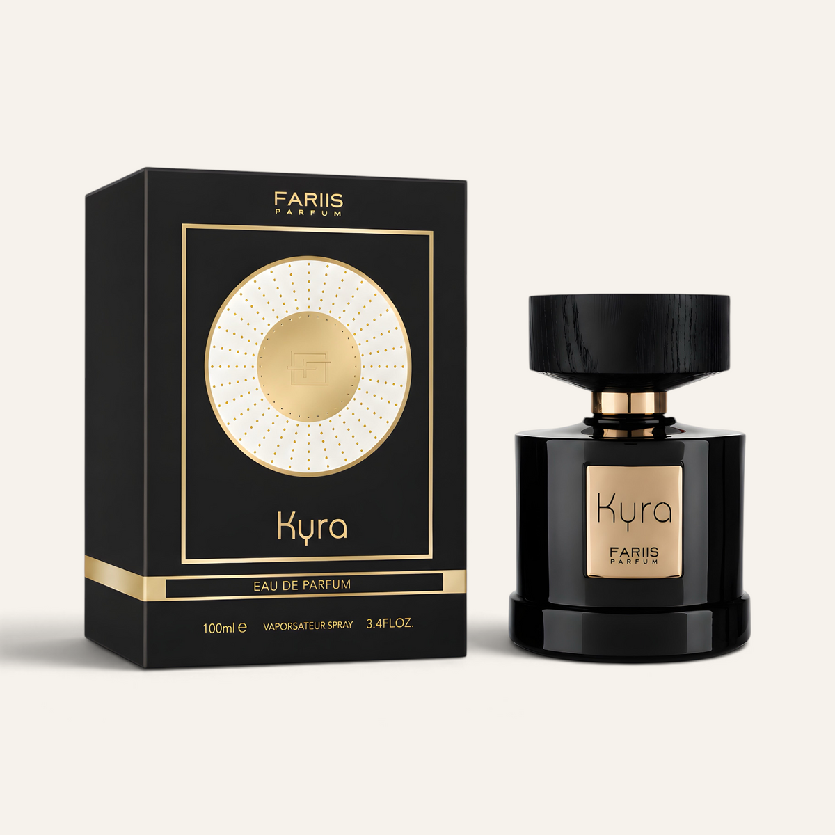 Profumo unisex Kyra di Fariis presentato da NOOR Arabian Essence in flacone nero elegante con scatola coordinata