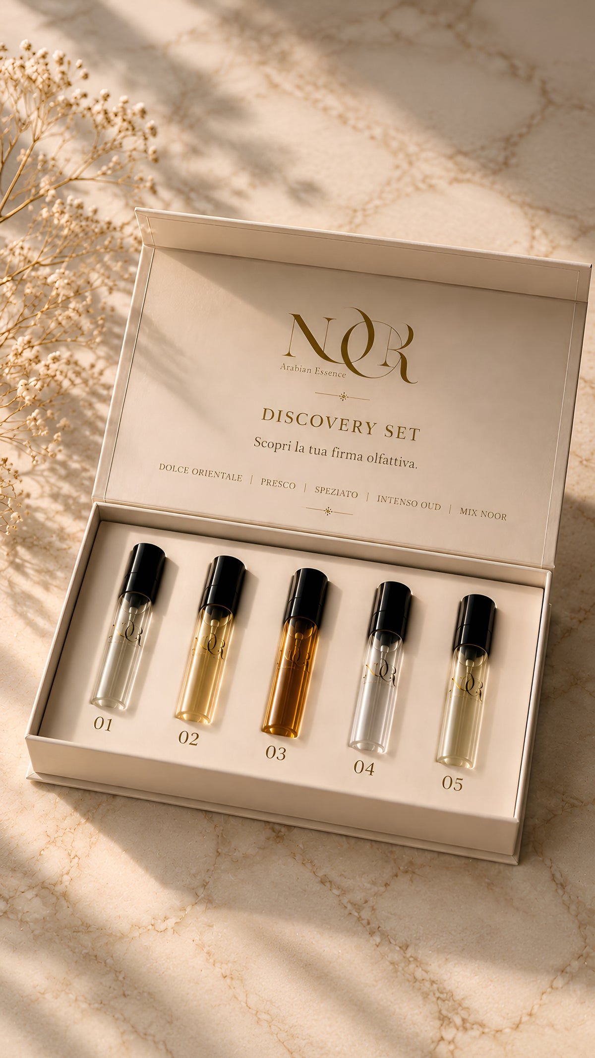Il cofanetto Discovery NOOR aperto: cinque campioni da 2 ml