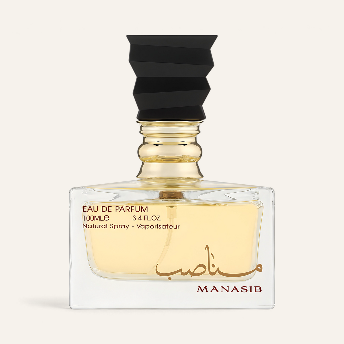 Profumo unisex Manasib di NOOR Arabian Essence in flacone di vetro rettangolare con tappo nero geometrico