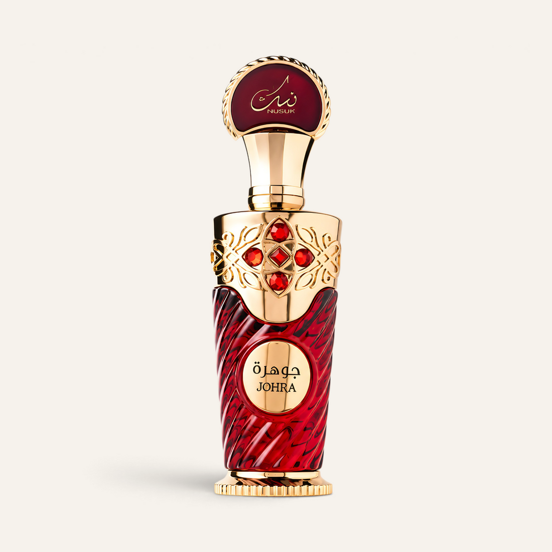 Profumo femminile Johra di NOOR Arabian Essence in flacone rosso e oro con dettagli gioiello e tappo decorato