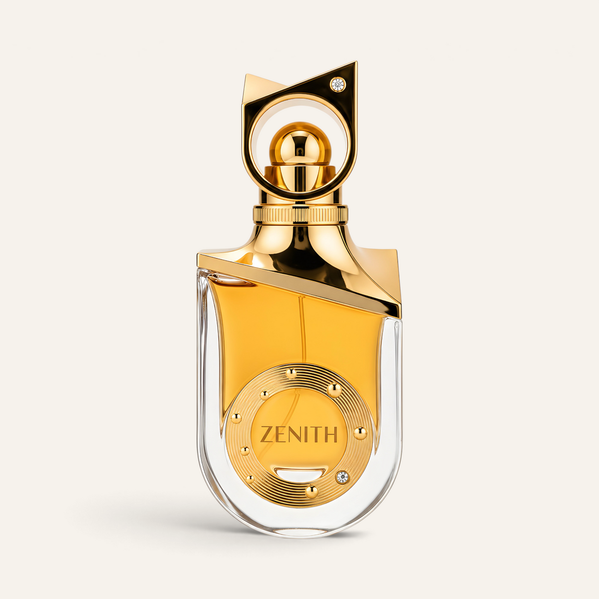Profumo unisex Zenith di NOOR Arabian Essence in flacone di vetro trasparente con dettagli dorati e cristalli