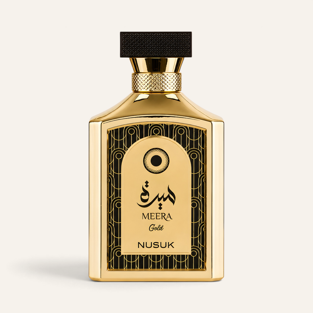 Flacone di profumo unisex Meera Gold di NOOR Arabian Essence con design dorato art déco e tappo nero testurizzato.