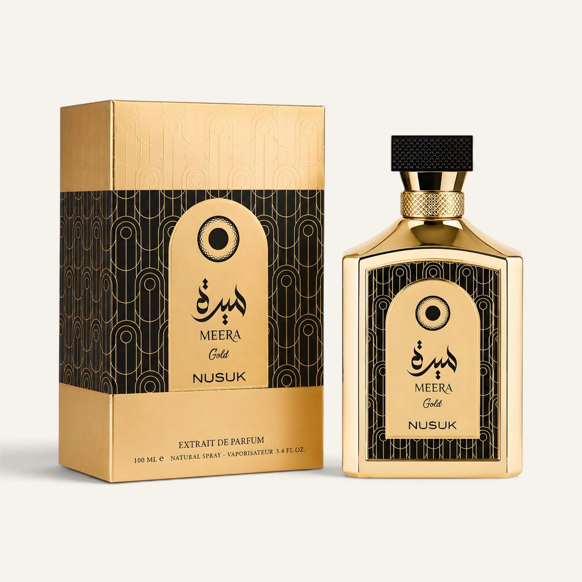 Profumo unisex Meera Gold di Nusuk in flacone dorato con scatola decorata, selezionato da NOOR Arabian Essence