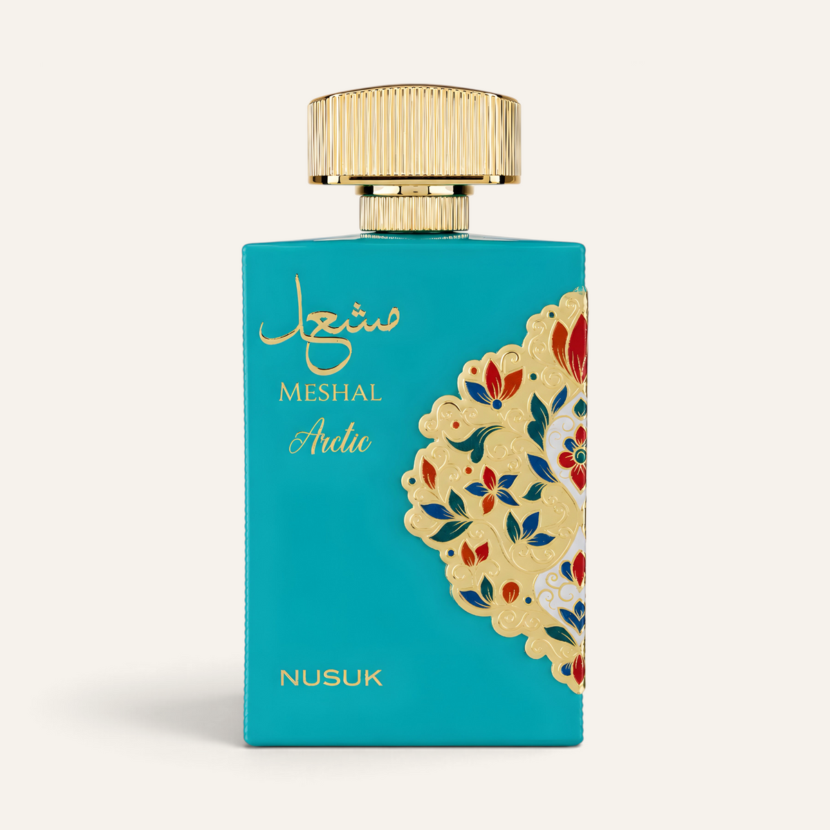 Flacone di profumo NOOR Arabian Essence Meshal Artic color turchese con decorazioni floreali dorate e tappo oro.