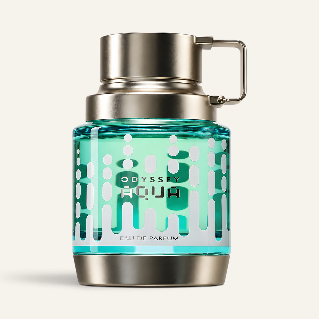 Profumo da uomo Odyssey Aqua di NOOR Arabian Essence in flacone di vetro turchese con dettagli metallici argentati