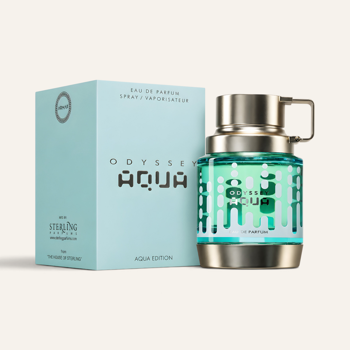 Profumo da uomo Odyssey Aqua di Armaf, fragranza aromatica fresca in flacone di vetro verde con tappo metallico