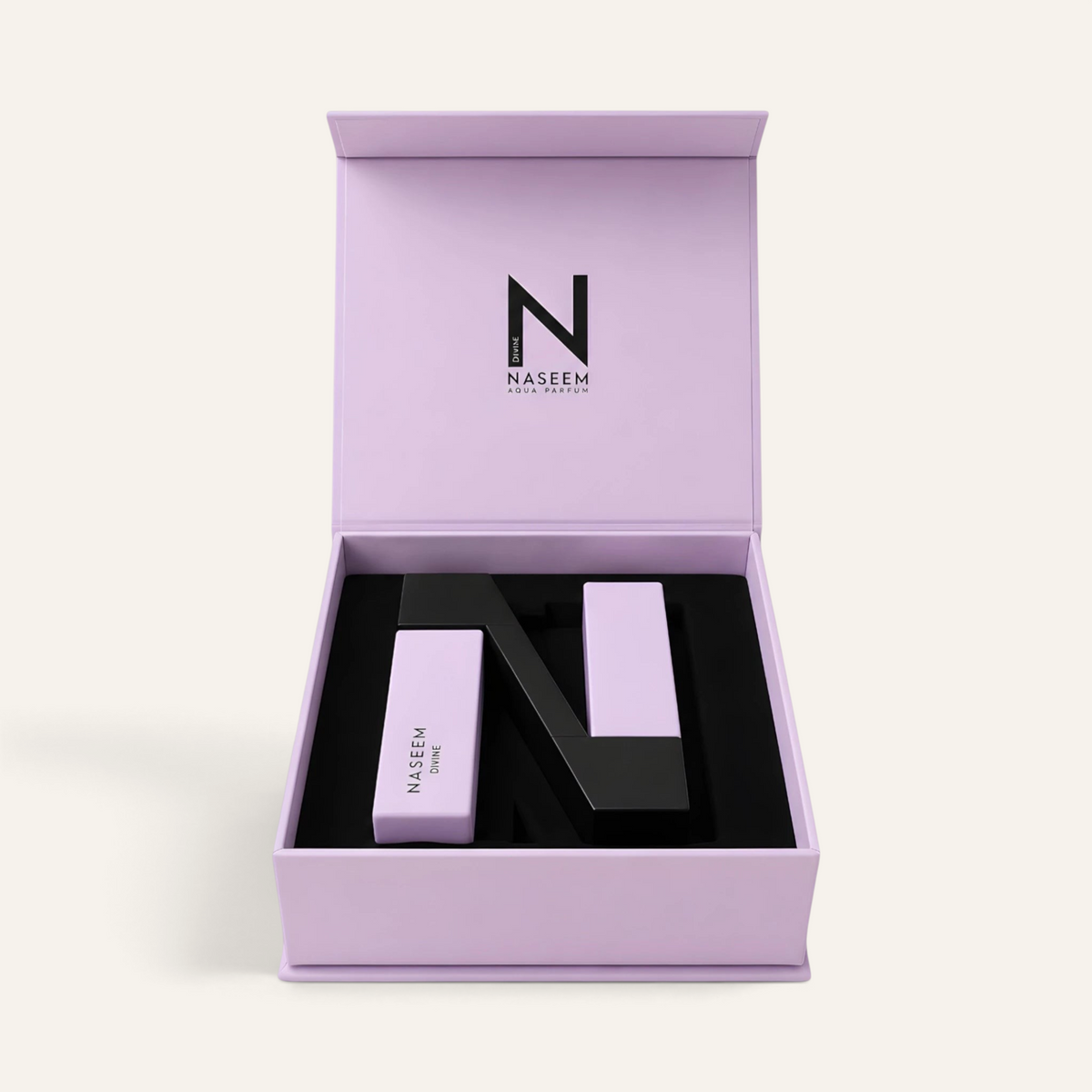 Confezione regalo NOOR Arabian Essence per il profumo unisex Divine di Naseem in un elegante cofanetto lilla