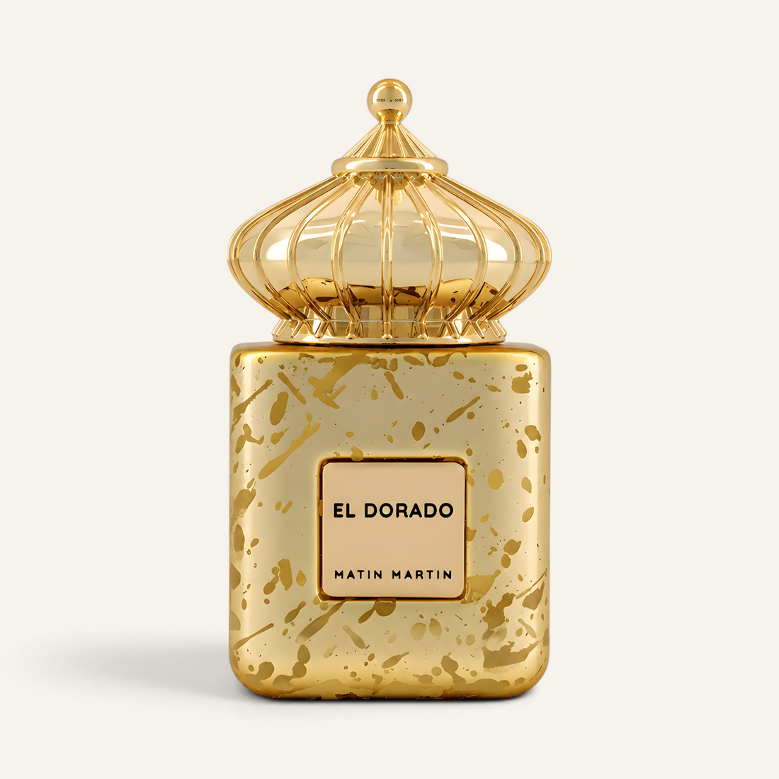 Flacone di profumo unisex El Dorado di Matin Martin, selezionato da NOOR Arabian Essence, con tappo dorato a cupola.