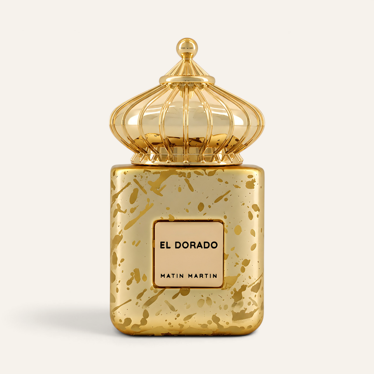 Flacone di profumo unisex El Dorado di Matin Martin, selezionato da NOOR Arabian Essence, con tappo dorato a cupola.