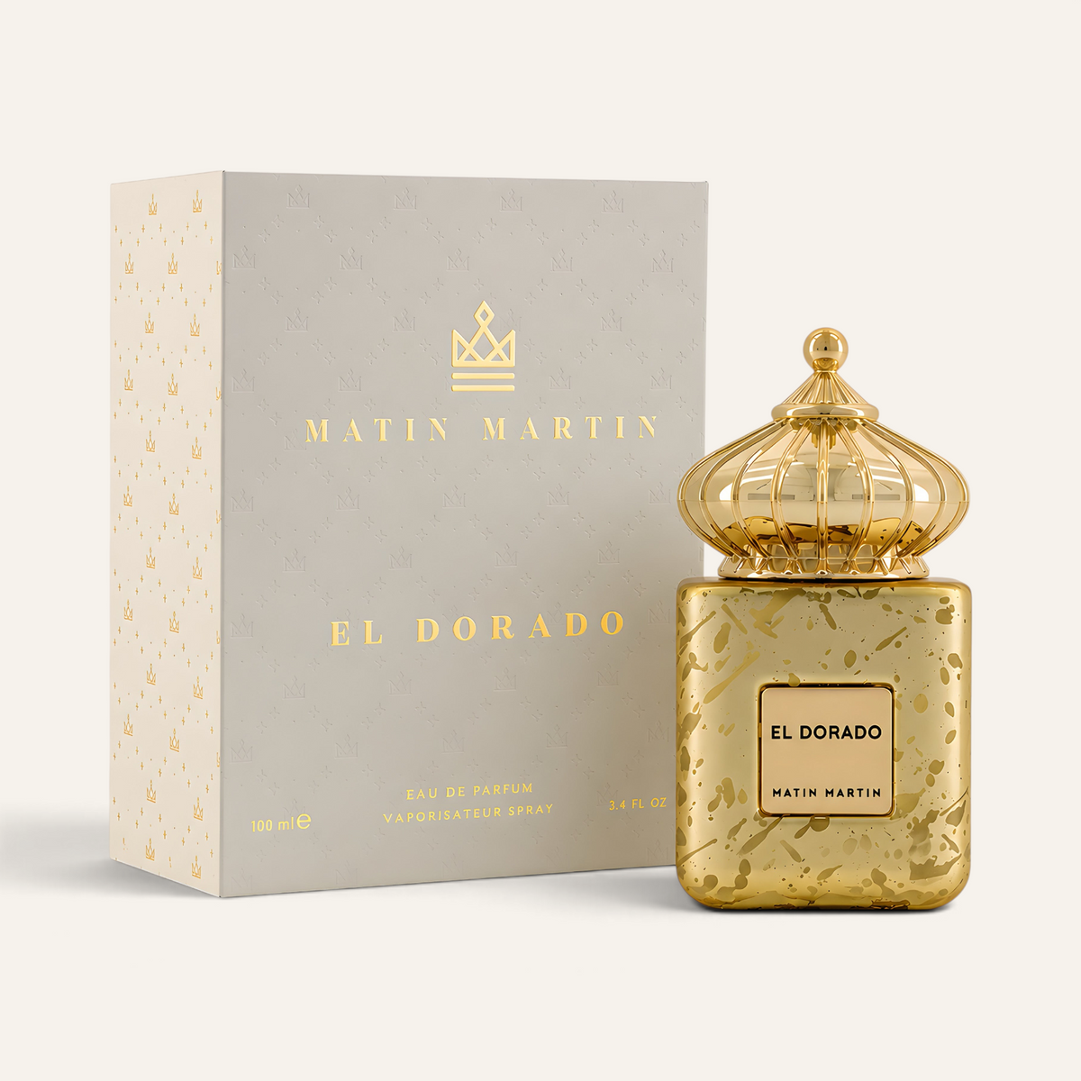 Profumo unisex El Dorado di Matin Martin, selezionato da NOOR Arabian Essence, in flacone dorato con tappo a cupola.
